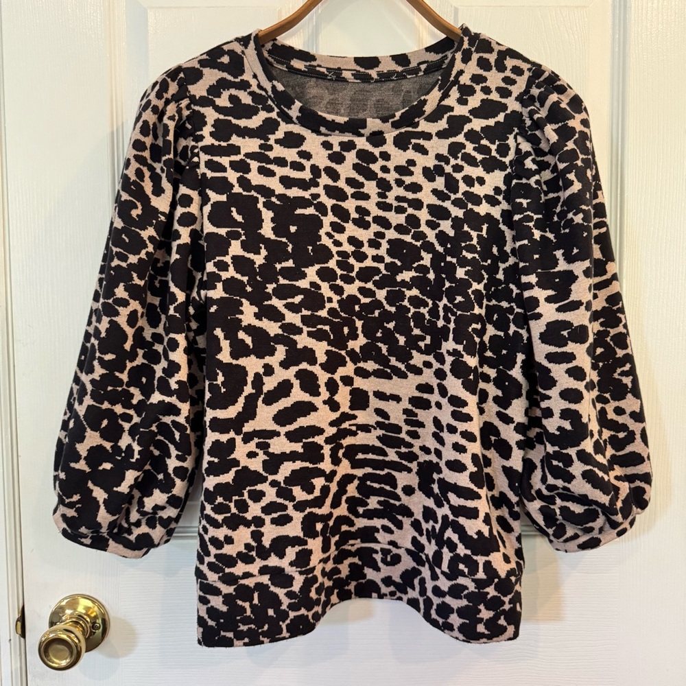 Animal Print Puff Sleeve Top Brown & Beige Leopard Print Blouse - Small